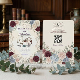 Invitación Elegante Código QR Moderno Floral Burgundy Vintage