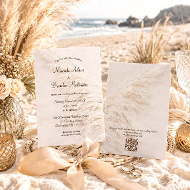Invitación Elegante Código QR Moderno Hierba de Pampas Boda B