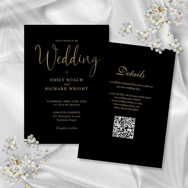 Invitación Elegante Código QR Moderno, Negro Y Boda Oro (Elegant Modern QR Code Black And Gold Wedding Invitation)