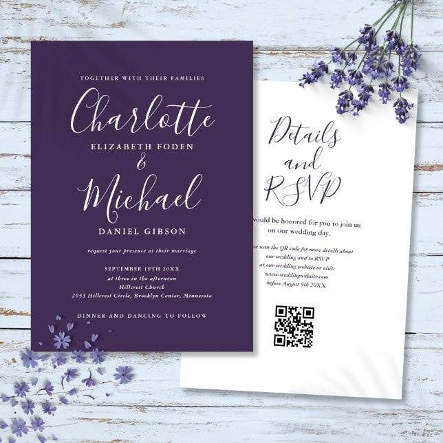 Invitación Elegante código QR moderno púrpura boda Script (Elegant Script Purple Modern QR Code Wedding Invitation)