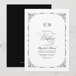 Invitación Elegante código QR monogramado de Boda blanco y ne
