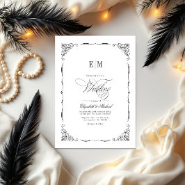 Invitación Elegante código QR monogramado de Boda blanco y ne