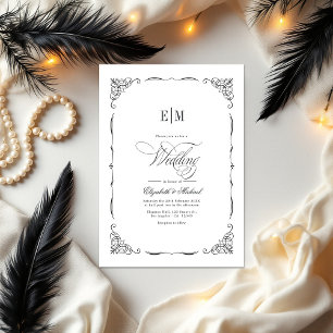 Invitación Elegante código QR monogramado de Boda blanco y ne