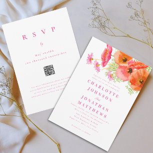 Invitación Elegante Código QR Nupcial Floral Rosa Naranja Vib