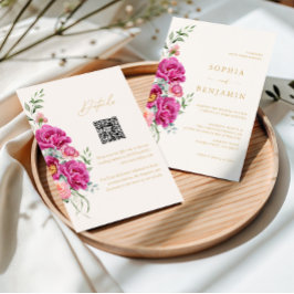 Invitación Elegante código QR nupcial floral rosa vibrante y 
