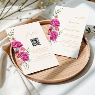 Invitación Elegante código QR nupcial floral rosa vibrante y 