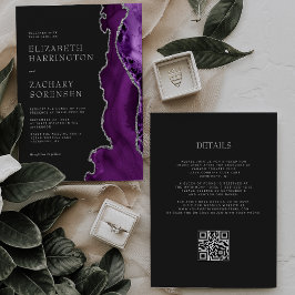 Invitación Elegante Código QR Oscuro de Boda de Plata con Ága