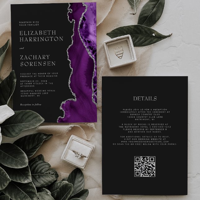 Invitación Elegante Código QR Oscuro de Boda de Plata con Ága (Subido por el creador)