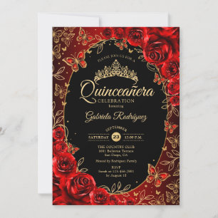 Invitación Elegante código QR Quinceañera rojo dorado negro