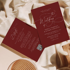 Invitación Elegante código QR rojo Borgoña todo en un Boda