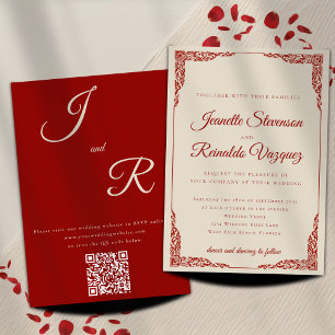 Invitación Elegante Código QR Rojo Rubí Monocromático de Boda