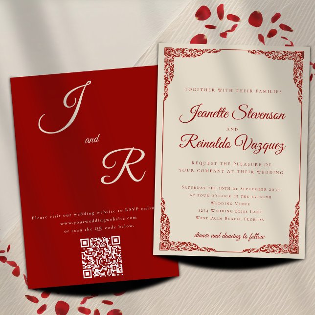 Invitación Elegante Código QR Rojo Rubí Monocromático de Boda (Subido por el creador)