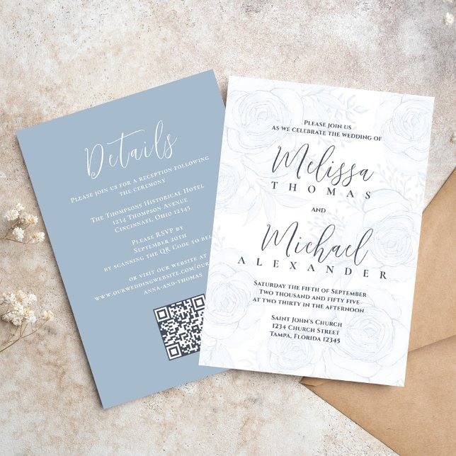 Invitación Elegante código QR RSVP Online Dusty Floral azul (Elegant wedding invitations with blue floral pattern and taupe with QR Code)