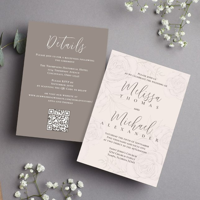 Invitación Elegante código QR RSVP Online Rubor Floral (Elegant wedding invitations with blush floral pattern and taupe with QR Code)