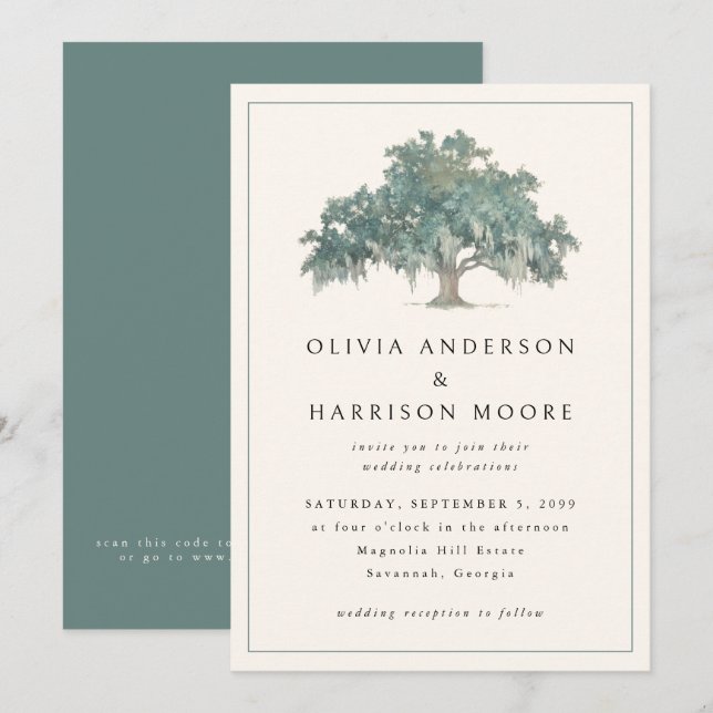 Invitación Elegante código QR verde de roble boda sureña (Anverso / Reverso)
