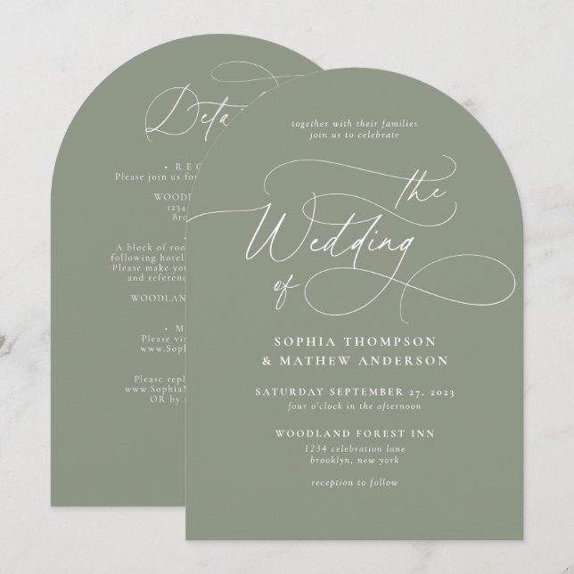 Invitación Elegante código QR verde sage todo en uno para bod (Anverso / Reverso)