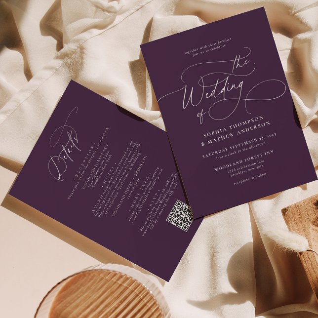 Invitación Elegante código QR violeta púrpura todo en un Boda (Subido por el creador)