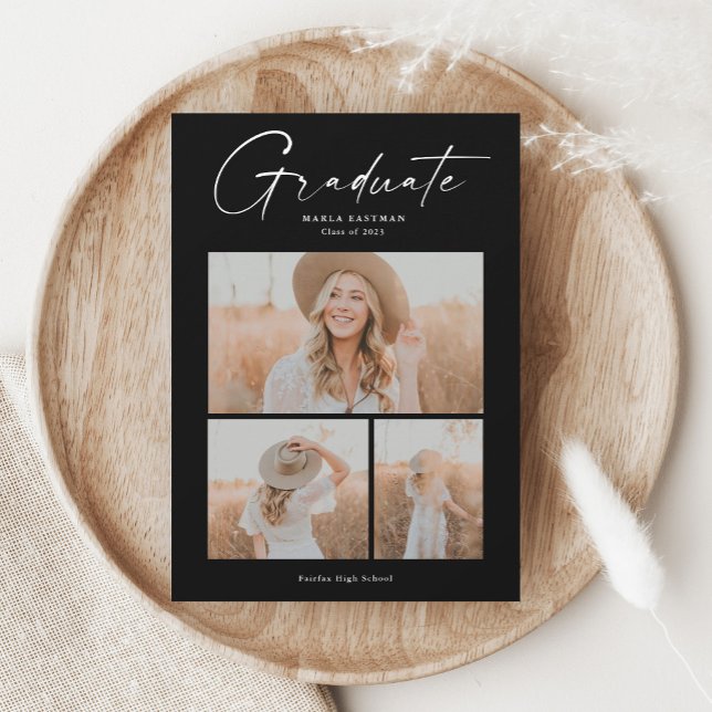 Invitación Elegante Colaje de Fotos de Graduado en Script Gra (Subido por el creador)