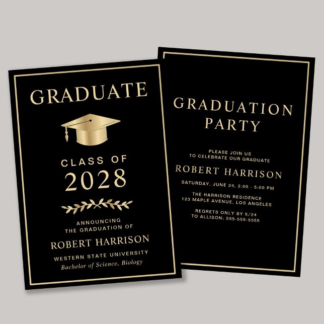 Invitación Elegante College Black Gold Graduation Party (An elegant college graduation party invitation to celebrate the graduate's achievements)
