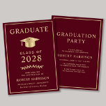 Invitación Elegante College Burgundy Gold Graduation Party<br><div class="desc">Elegante invitación de graduación de la universidad de color rojo burdeos y invitación a la fiesta con una gorra de graduación de oro y una simple tipografía de oro moderna para el nombre del graduado, año de clase, universidad o universidad, grado y especialidad o honores. Al revés, añada los detalles...</div>