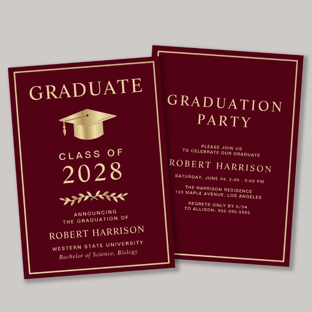 Invitación Elegante College Burgundy Gold Graduation Party (An elegant college graduation party invitation to celebrate the graduate's achievements)