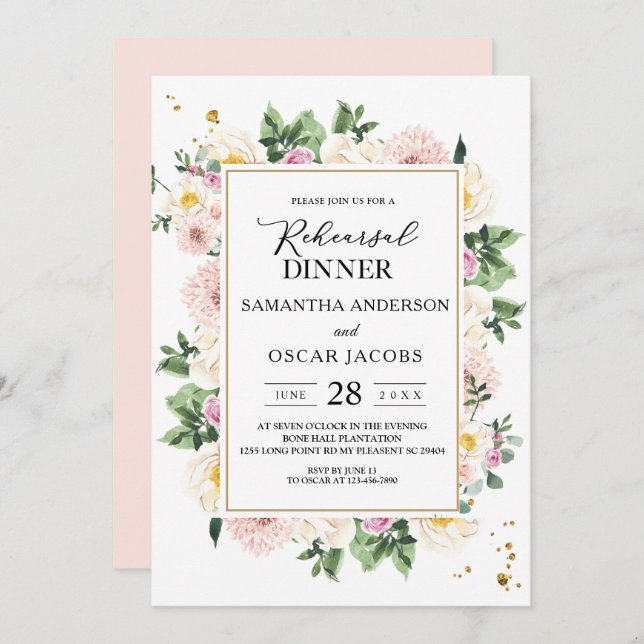 Invitación Elegante color agua Belleza Marco floral (Anverso / Reverso)