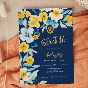 Invitación Elegante color azul azul floral dulce 16