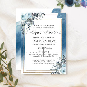 Invitación Elegante color azul quinceañera con floral