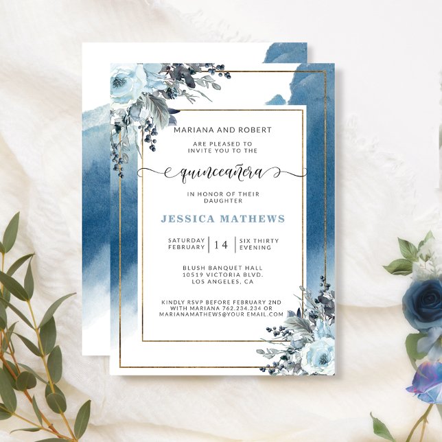 Invitación Elegante color azul quinceañera y floral (Subido por el creador)