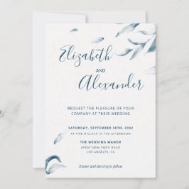 Invitación Elegante color botánico azul acuarela simple boda