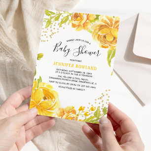 Invitación Elegante color de agua amarillo floral Baby Shower