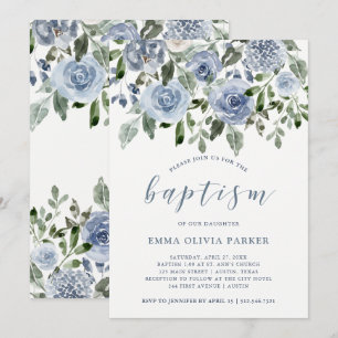 Invitación Elegante color de agua azul  Bautismo