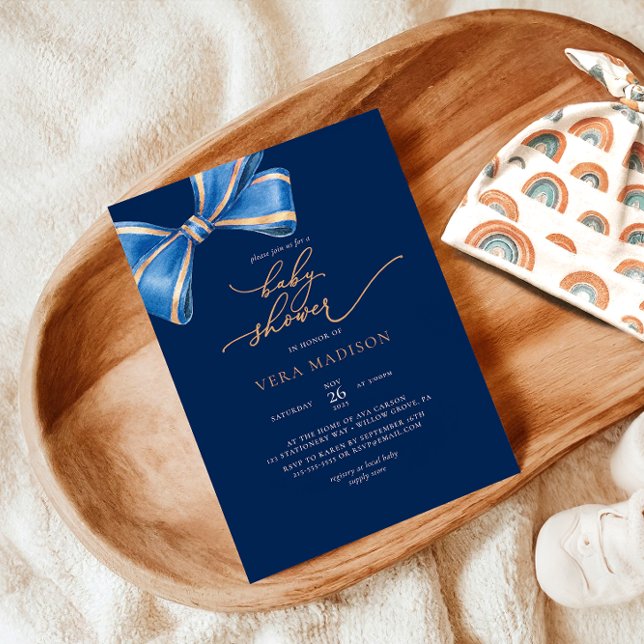 Invitación Elegante color de agua azul Bow Baby Shower (Subido por el creador)