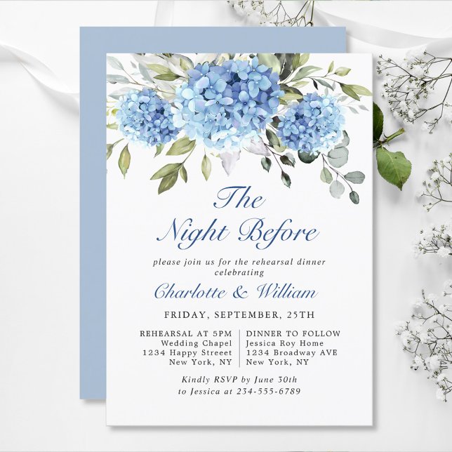 Invitación Elegante color de agua azul Hydrangea Ensayo Cena (Subido por el creador)