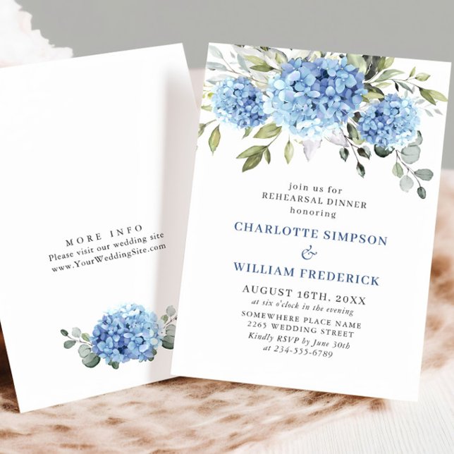 Invitación Elegante color de agua azul Hydrangea Ensayo Cena (Subido por el creador)