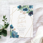 Invitación Elegante color de agua azul polvoriento dorado Flo<br><div class="desc">Celebra tu amor con la belleza encantadora de nuestra invitación a los 16 años de nuestro Deep Blue Floral Terrarium Sweet. Las flores pintadas a mano, en tonos azul marino, azul polvoriento y verde, crean un paisaje pintoresco. Este diseño, enmarcado en un marco geométrico dorado de terrario, desprende una elegancia...</div>