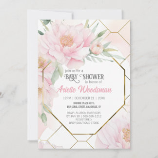 Invitación Elegante color de agua Baby Shower rosado de Peony