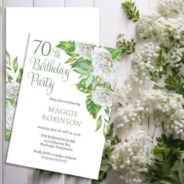 Invitación Elegante color de agua blanco Roses 70 cumpleaños (Elegant Watercolor White Roses and Greenery 70th Birthday Party Invitation - Print | Download)
