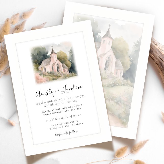 Invitación Elegante color de agua Boda Ilustracion de capilla (Subido por el creador)