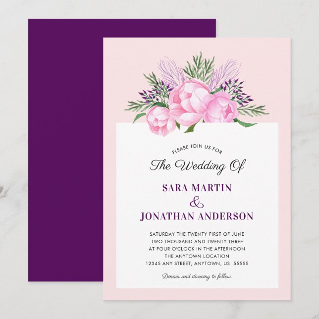 Invitación Elegante color de agua de los peones | BODA (Anverso / Reverso)