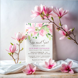Invitación Elegante color de agua de Magnolia rosa Sip y See