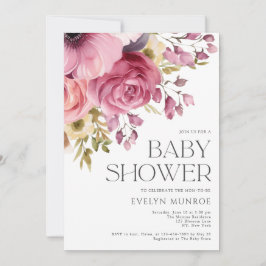 Invitación Elegante color de agua Floral rosa Baby Shower