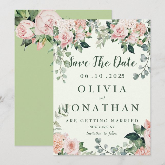 Invitación Elegante color de agua floral rosa verde (Anverso / Reverso)