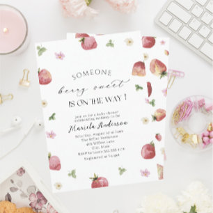 Invitación Elegante color de agua Fresa Baby Shower
