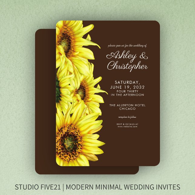 Invitación Elegante color de agua girasol Boda marrón nogal (Subido por el creador)