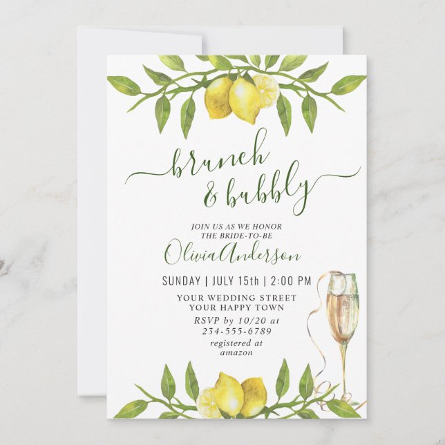 Invitación Elegante color de agua Lemones BRUNCH & BUBBLY (Anverso)