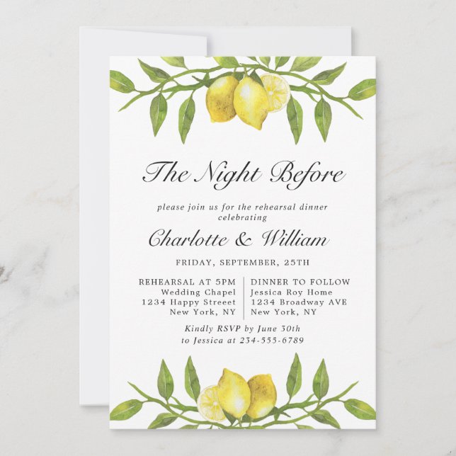 Invitación Elegante color de agua limón verde REHEARSAL CENA (Anverso)