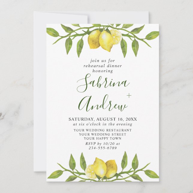 Invitación Elegante color de agua limón verde REHEARSAL CENA (Anverso)