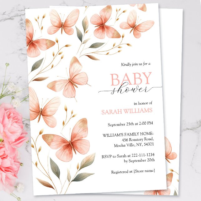 Invitación Elegante color de agua mariposa rosa Baby Shower (Subido por el creador)