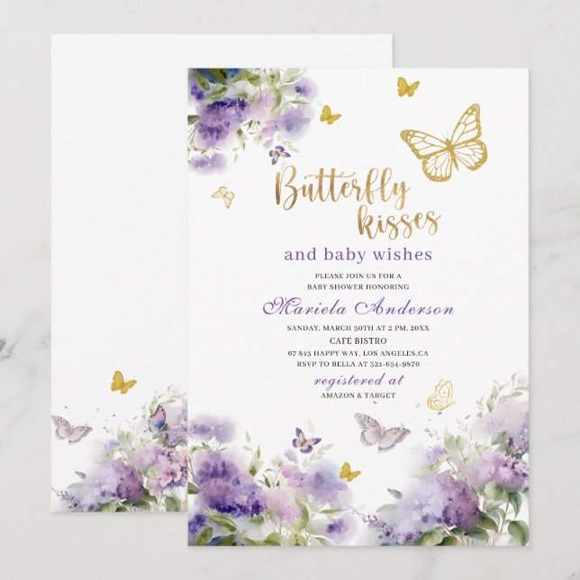 Invitación Elegante color de agua moderna mariposa besos bebé (Anverso / Reverso)